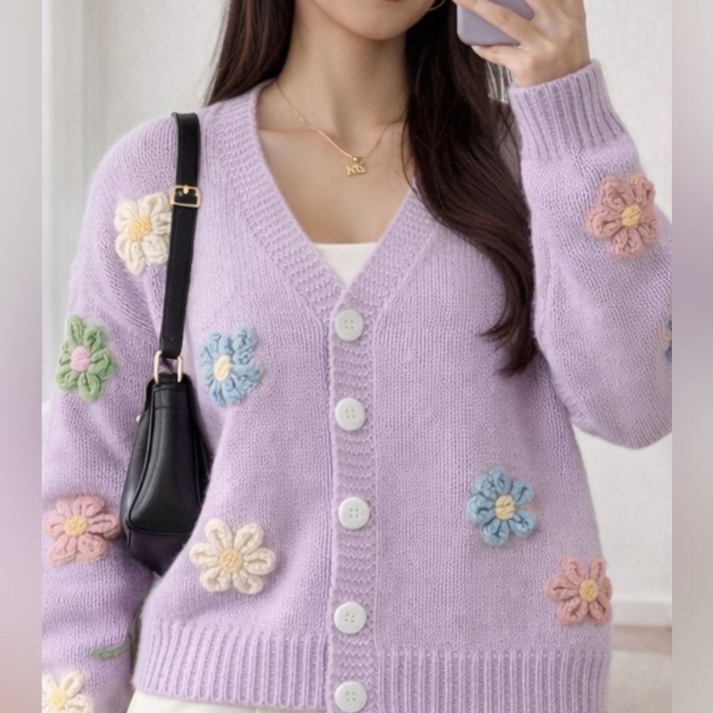 NEW Blossom Knit Cardigan Cream FloralButton-Up SweaterEmbroidered Cardigan - Picture 7 of 8